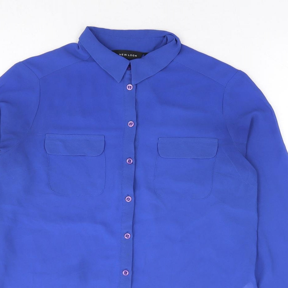 New Look Womens Blue Polyester Basic Button-Up Size 8 Collared