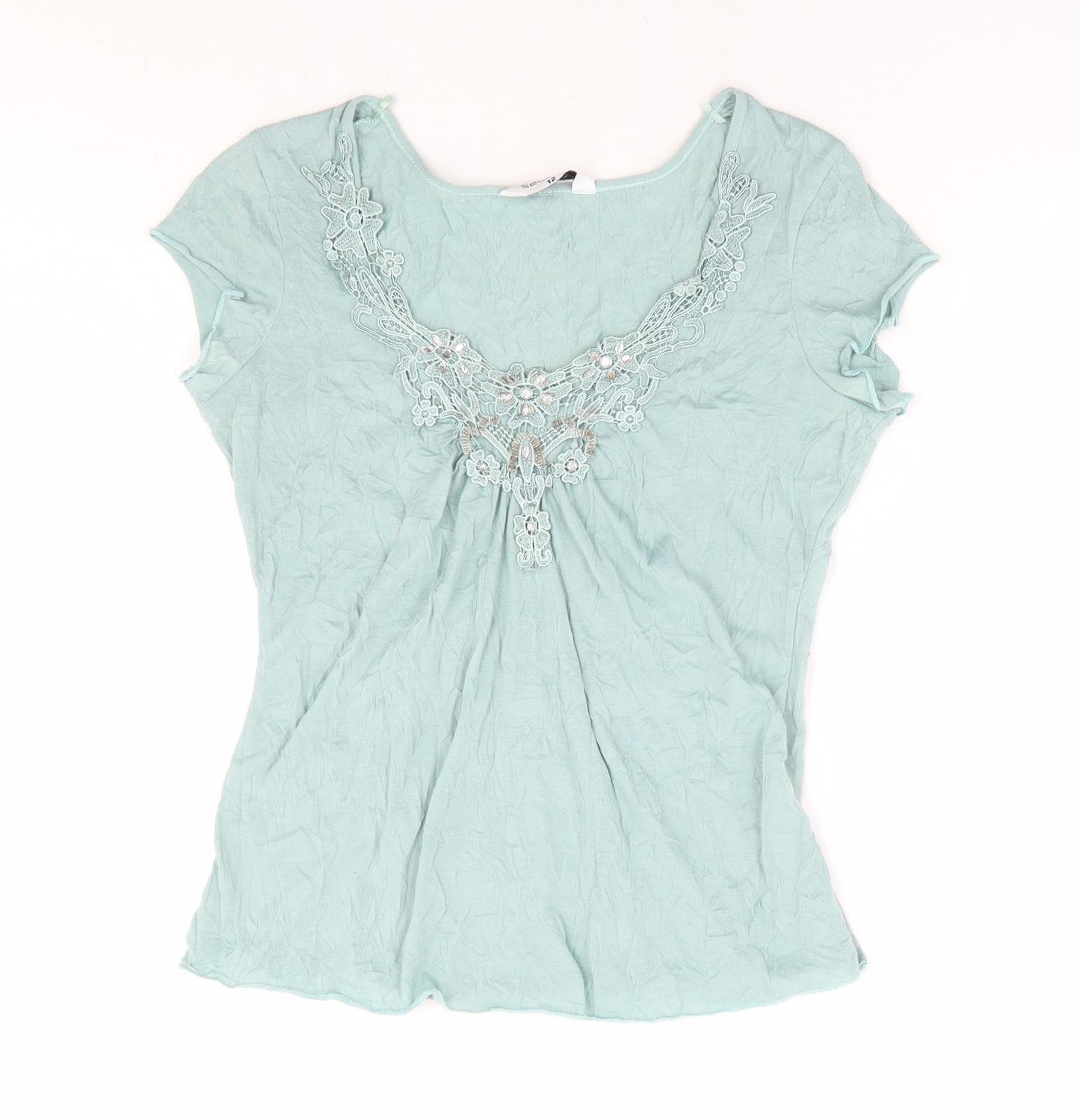 Slect Womens Green Polyester Basic T-Shirt Size 12 V-Neck
