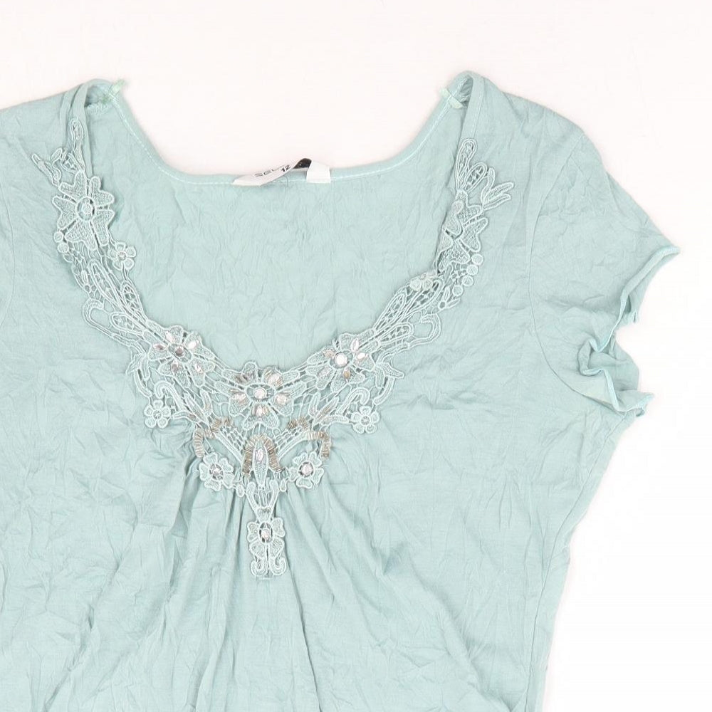 Slect Womens Green Polyester Basic T-Shirt Size 12 V-Neck