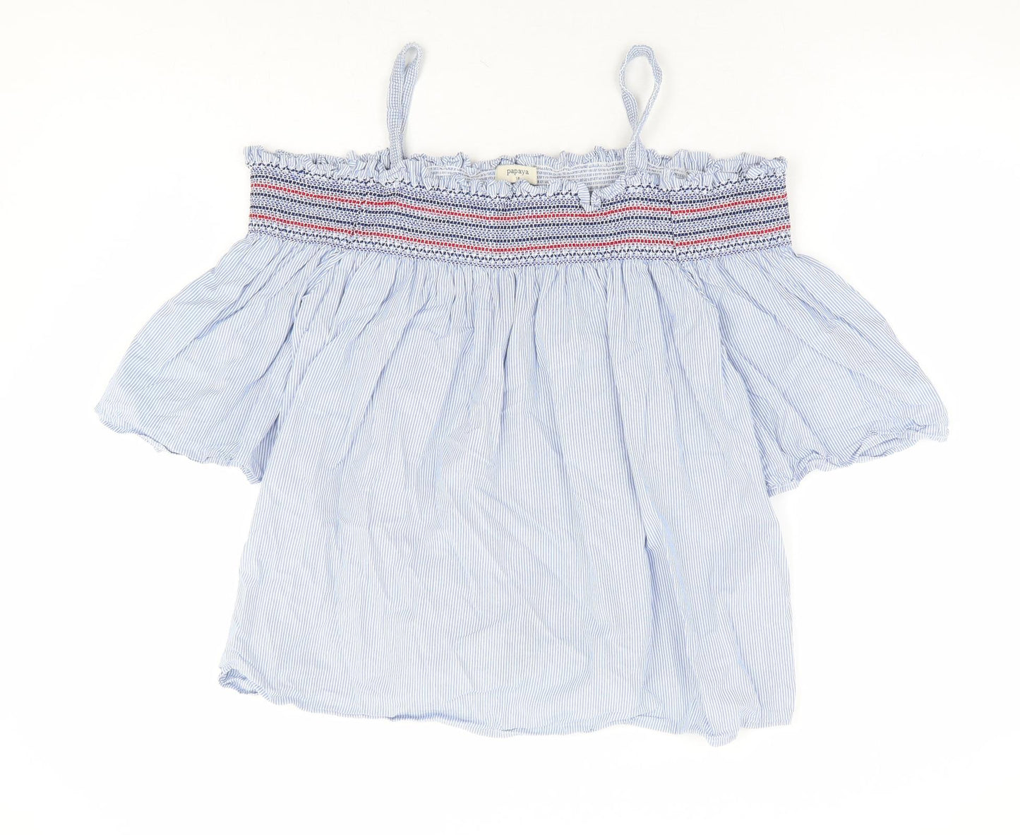 Papaya Womens Blue Striped 100% Cotton Basic Blouse Size 18 Square Neck - Cold Shoulder Detail
