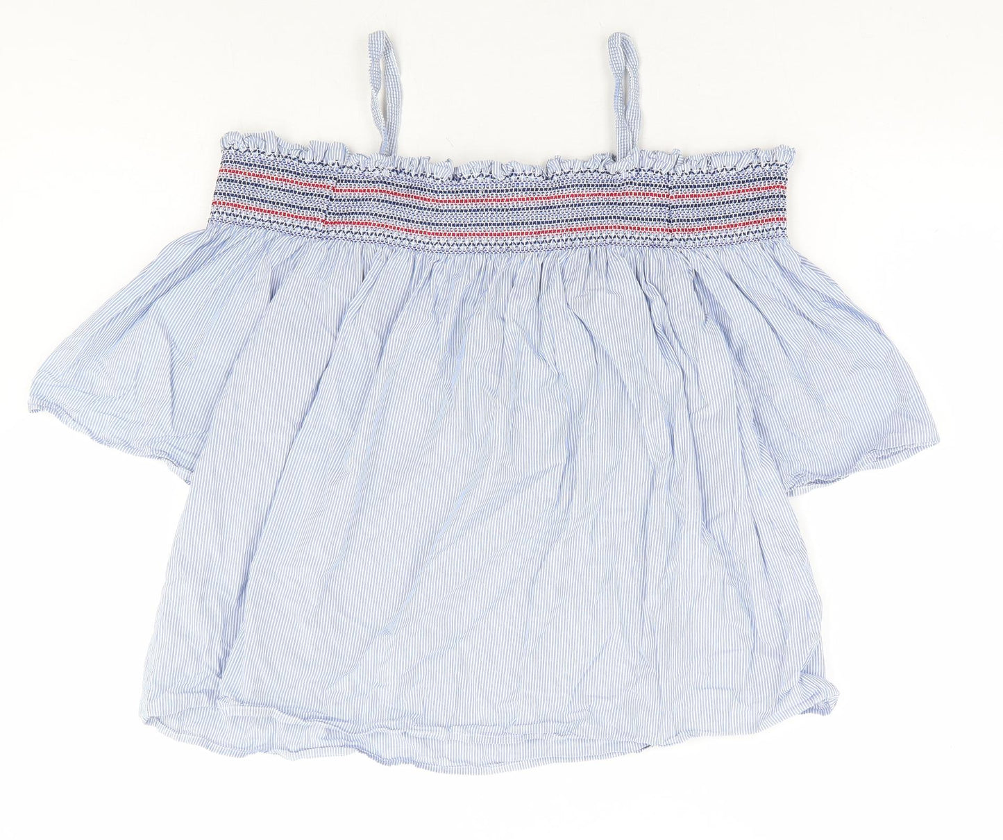 Papaya Womens Blue Striped 100% Cotton Basic Blouse Size 18 Square Neck - Cold Shoulder Detail