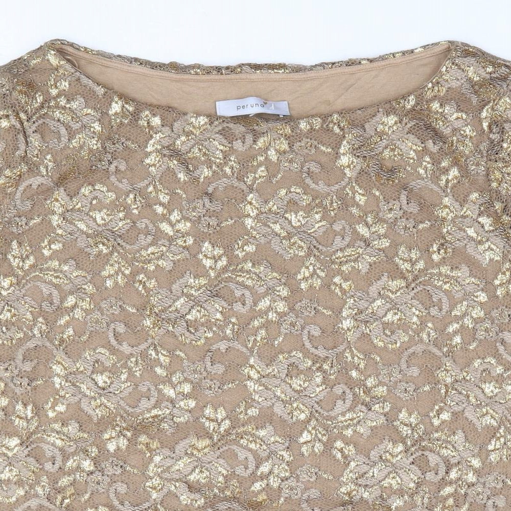 Per Una Womens Gold Floral Polyamide Basic Blouse Size 16 Boat Neck