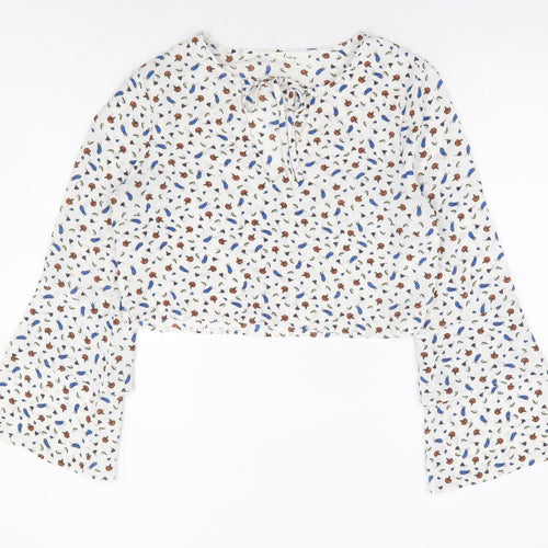 Dazie Womens White Floral Polyester Cropped Blouse Size 12 Round Neck - Bell Sleeve
