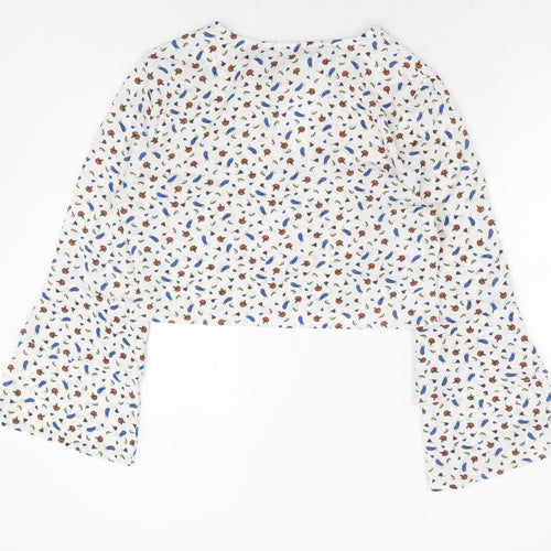Dazie Womens White Floral Polyester Cropped Blouse Size 12 Round Neck - Bell Sleeve