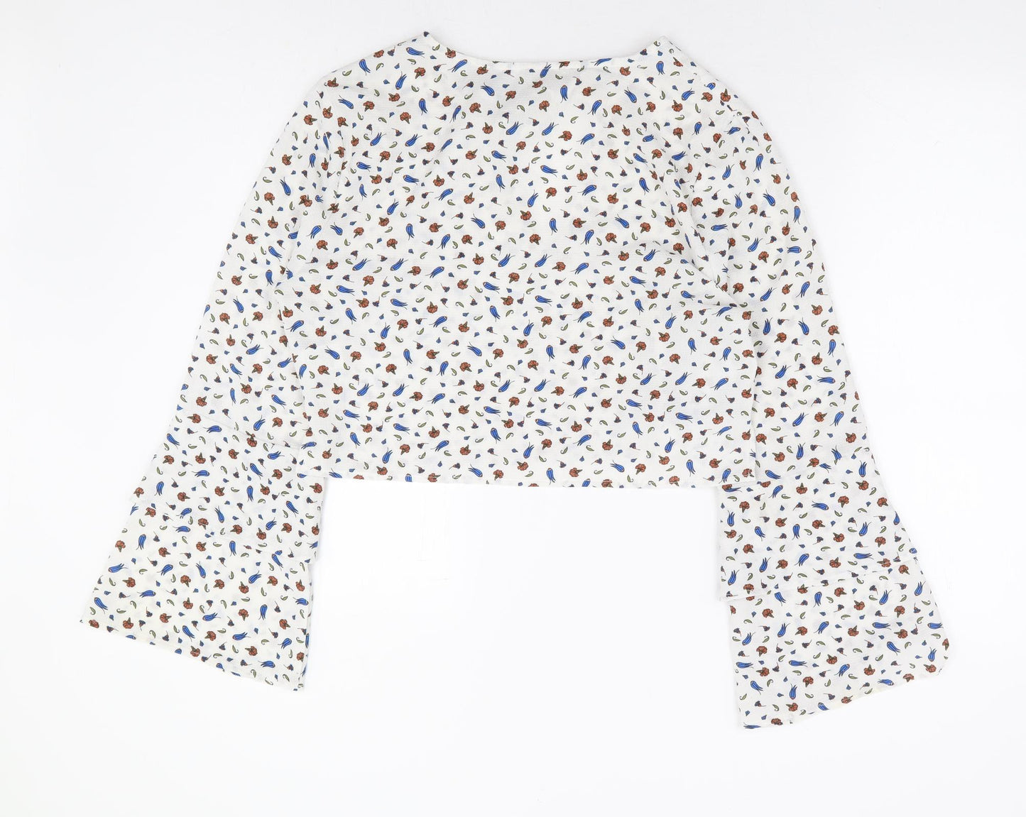Dazie Womens White Floral Polyester Cropped Blouse Size 12 Round Neck - Bell Sleeve