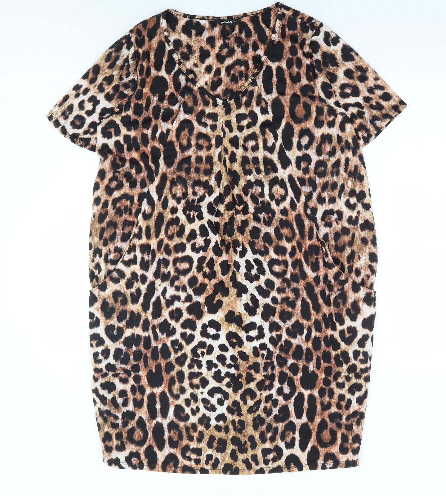 Roman Womens Brown Animal Print Polyester Shift Size 14 V-Neck Pullover - Leopard Print Slouch Dress
