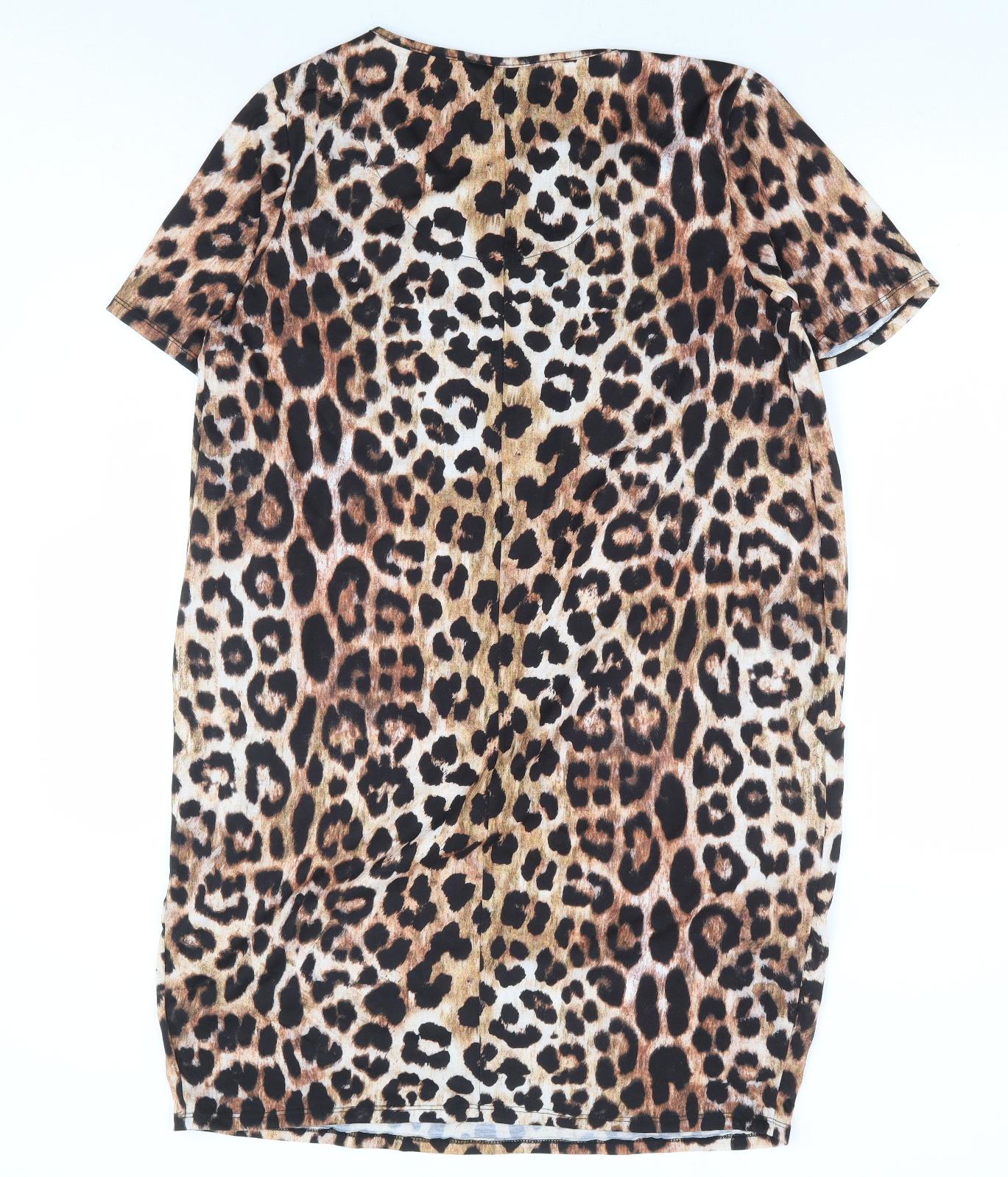 Roman Womens Brown Animal Print Polyester Shift Size 14 V-Neck Pullover - Leopard Print Slouch Dress