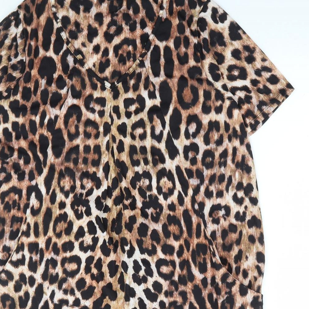 Roman Womens Brown Animal Print Polyester Shift Size 14 V-Neck Pullover - Leopard Print Slouch Dress