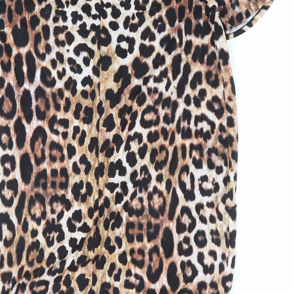 Roman Womens Brown Animal Print Polyester Shift Size 14 V-Neck Pullover - Leopard Print Slouch Dress