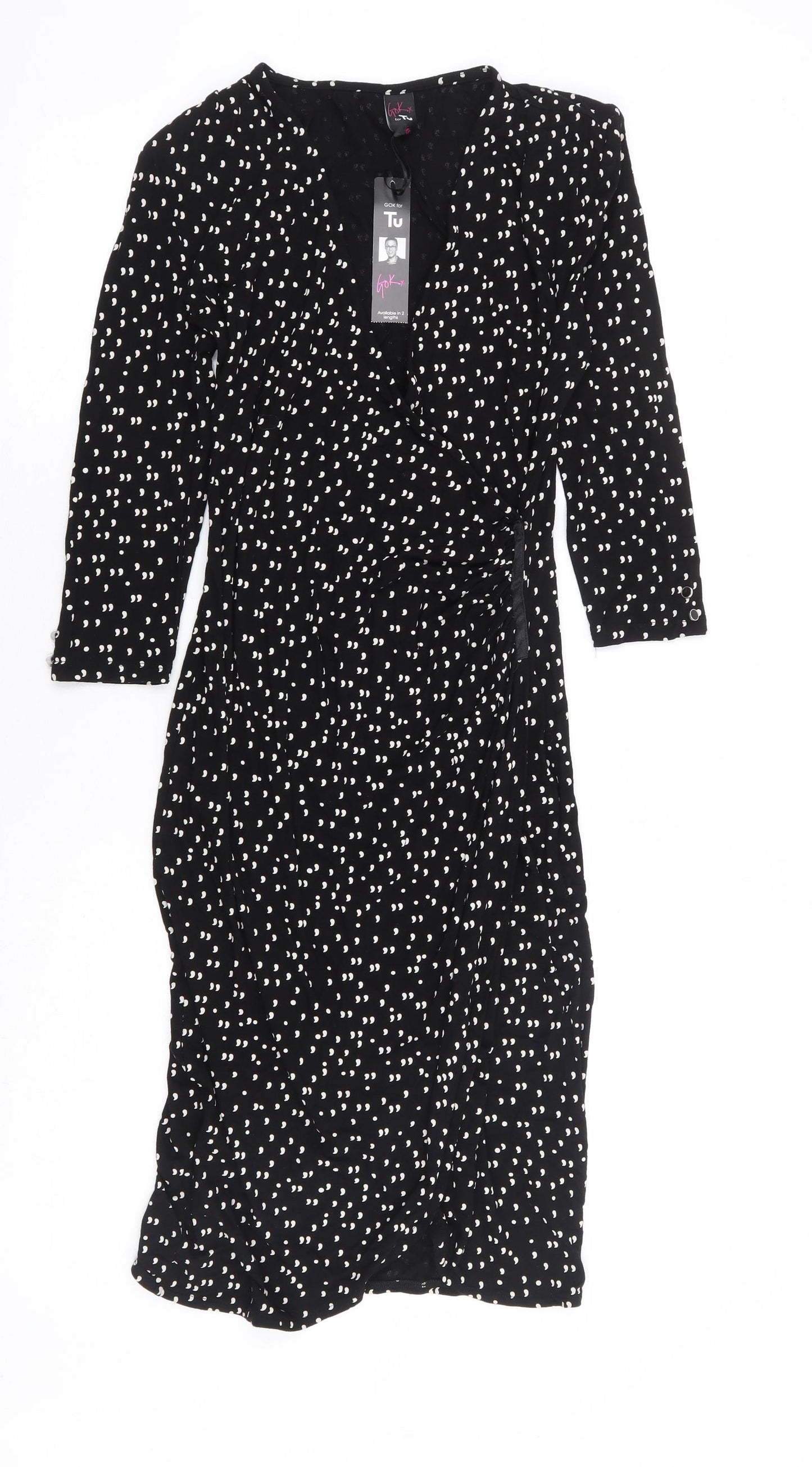 Tu x Gok Wan Womens Black Polka Dot Viscose Wrap Dress Size 14 V-Neck Pullover - Short Length