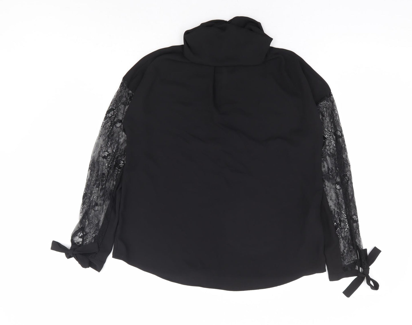 Zara Womens Black Polyamide Basic Blouse Size XS Roll Neck - Lace Insert Tie Sleeve