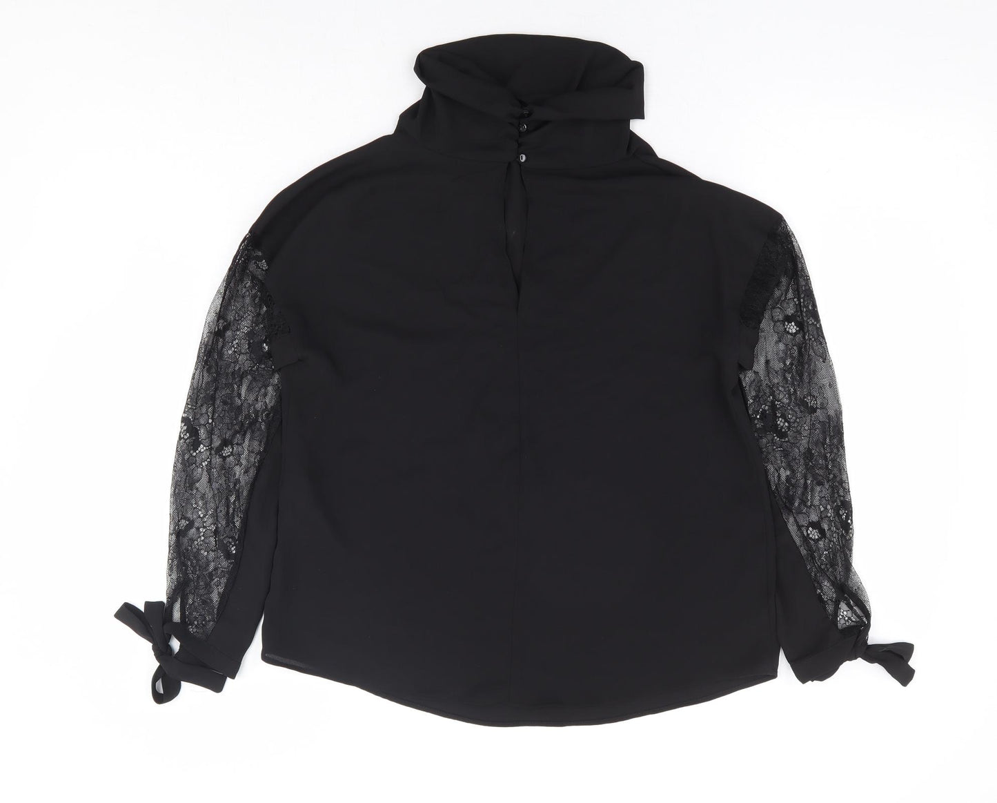 Zara Womens Black Polyamide Basic Blouse Size XS Roll Neck - Lace Insert Tie Sleeve