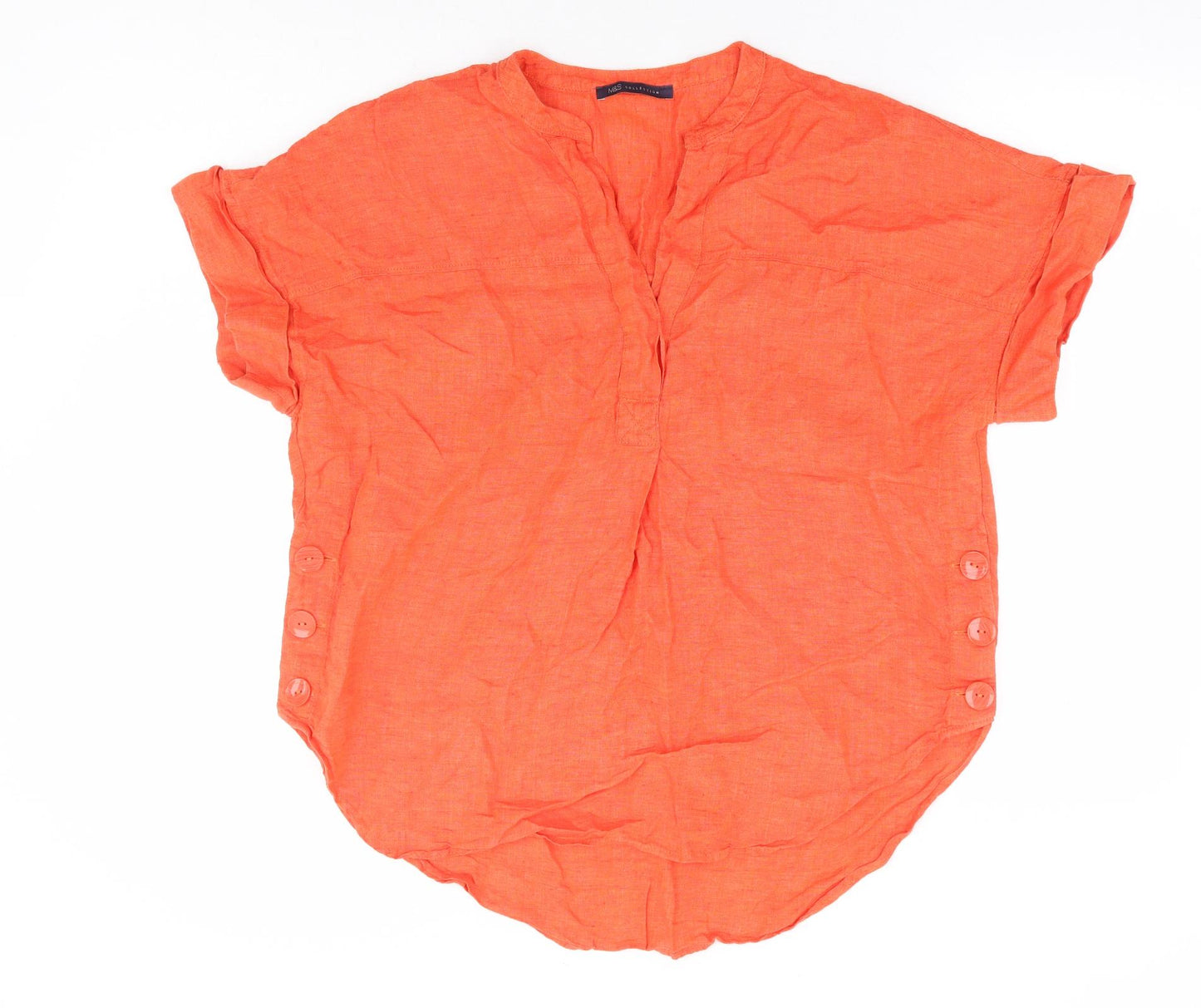 Marks and Spencer Womens Orange Linen Basic Blouse Size 14 V-Neck