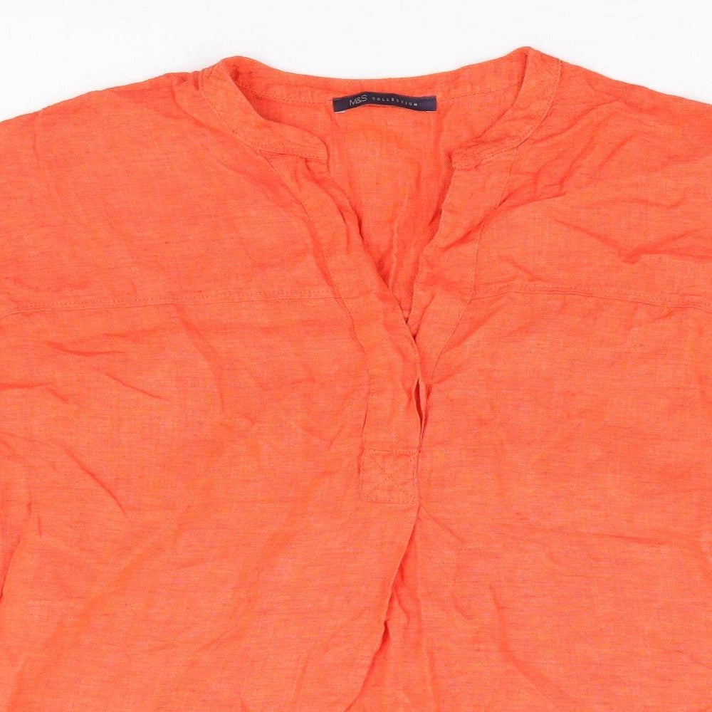 Marks and Spencer Womens Orange Linen Basic Blouse Size 14 V-Neck