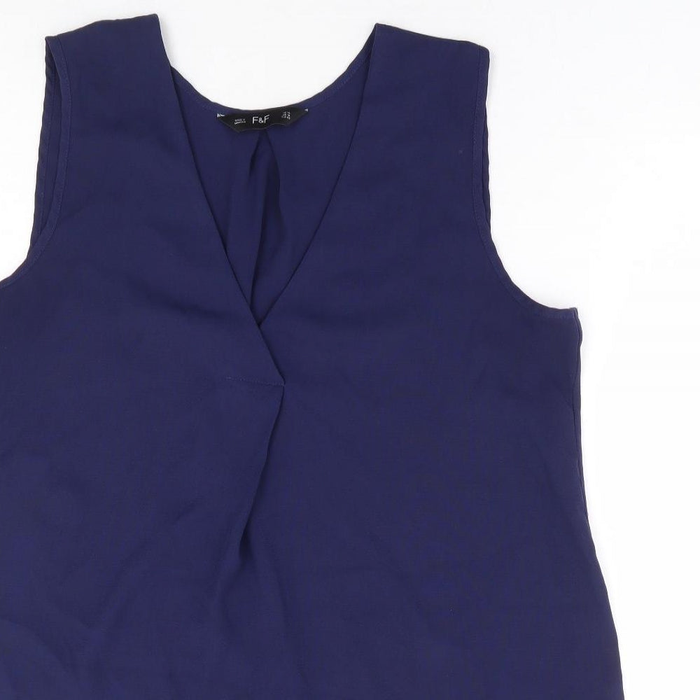 F&F Womens Blue Polyester Basic Tank Size 14 V-Neck