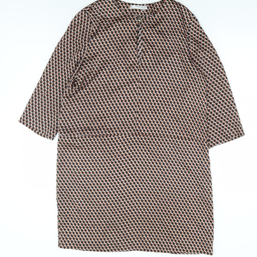 Mango Womens Brown Geometric Polyester Shift Size M Round Neck Hook & Eye