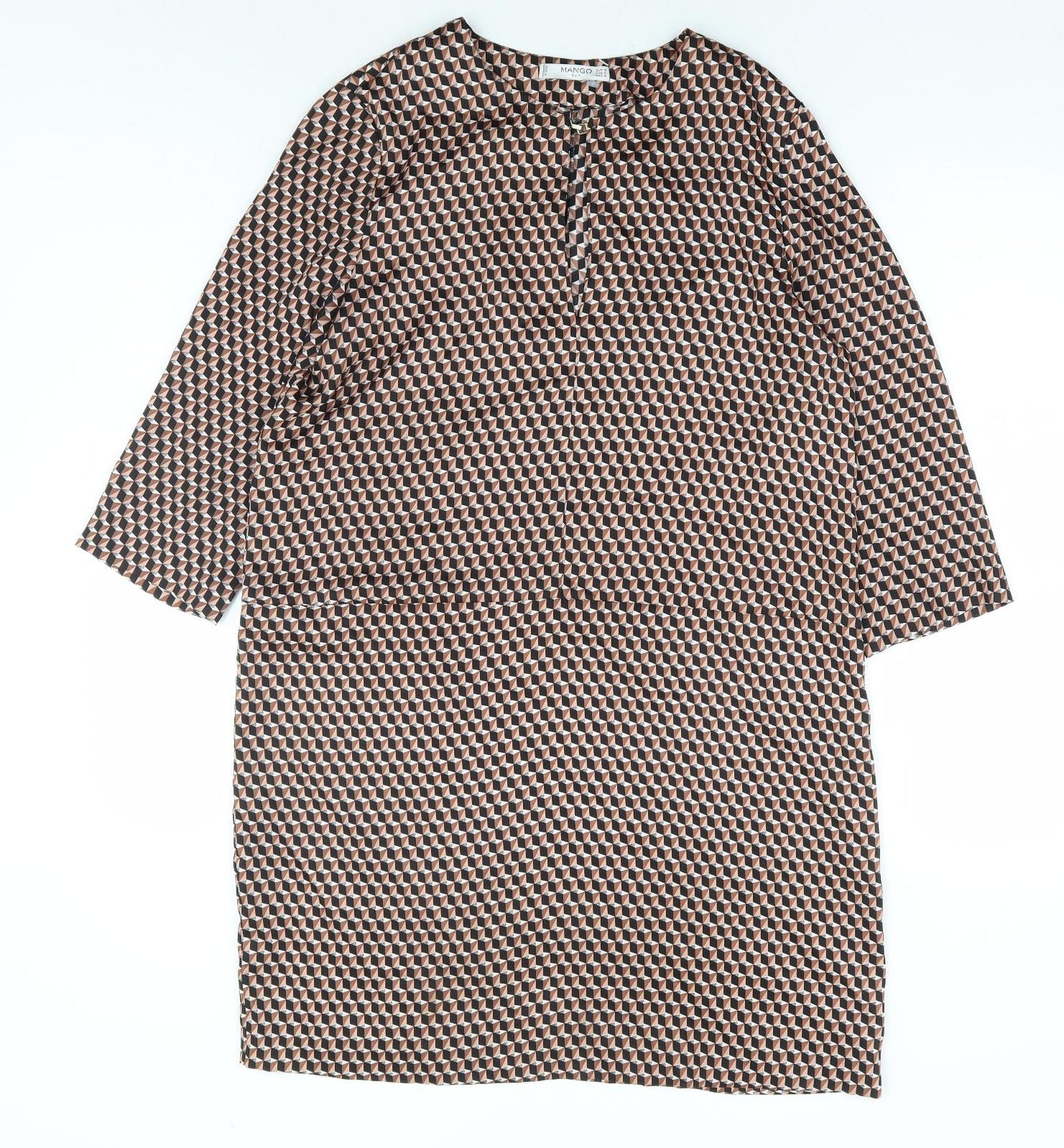 Mango Womens Brown Geometric Polyester Shift Size M Round Neck Hook & Eye