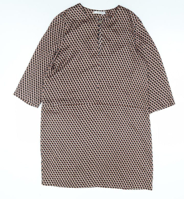Mango Womens Brown Geometric Polyester Shift Size M Round Neck Hook & Eye