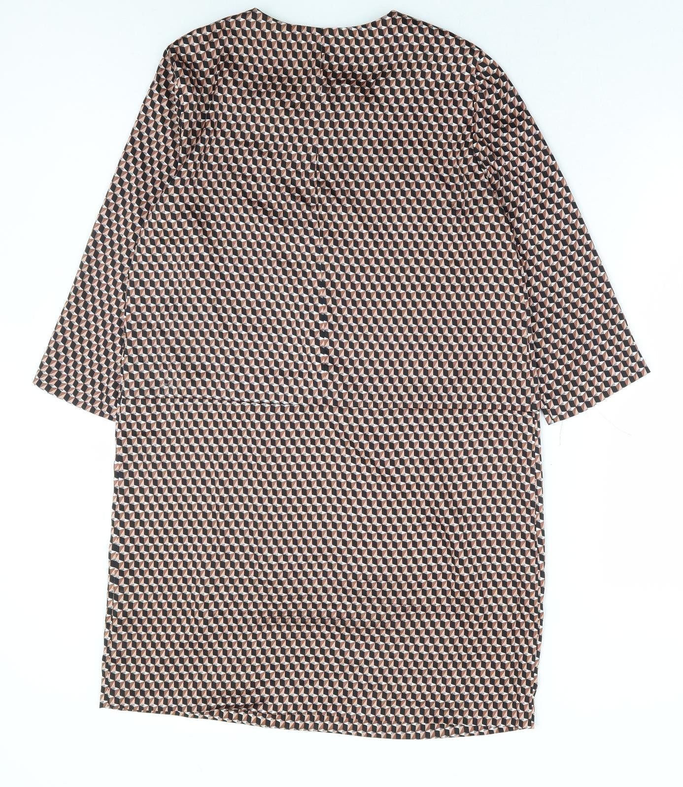Mango Womens Brown Geometric Polyester Shift Size M Round Neck Hook & Eye