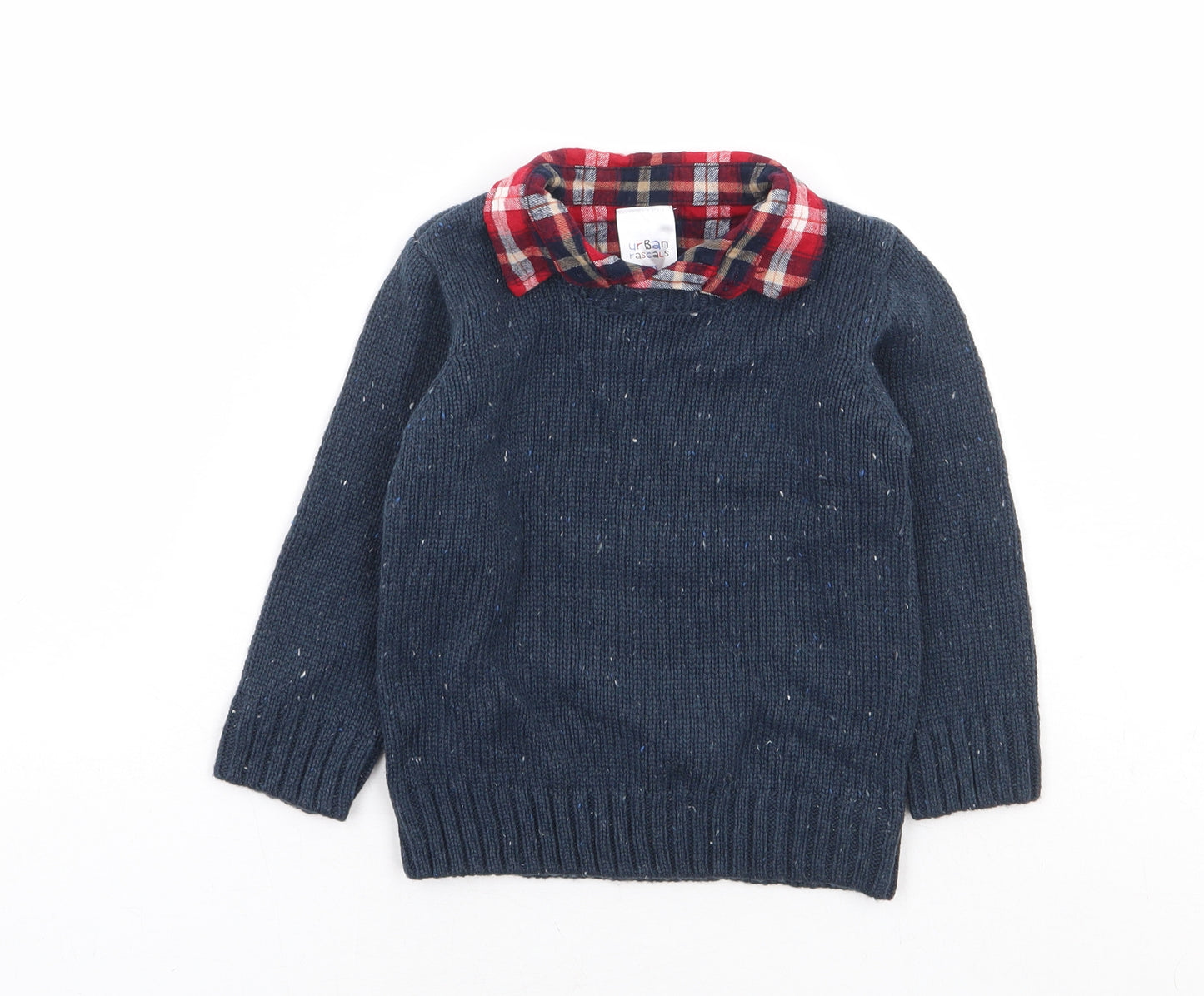 Urban Rascals Boys Blue Collared Plaid Acrylic Pullover Jumper Size 2 Years Button