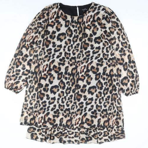 Boohoo Womens Brown Animal Print Polyester A-Line Size 12 Round Neck Button - Leopard Print