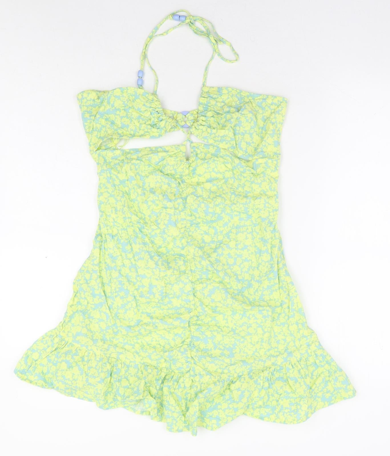 Zara Womens Green Floral Linen Mini Size L Halter Zip