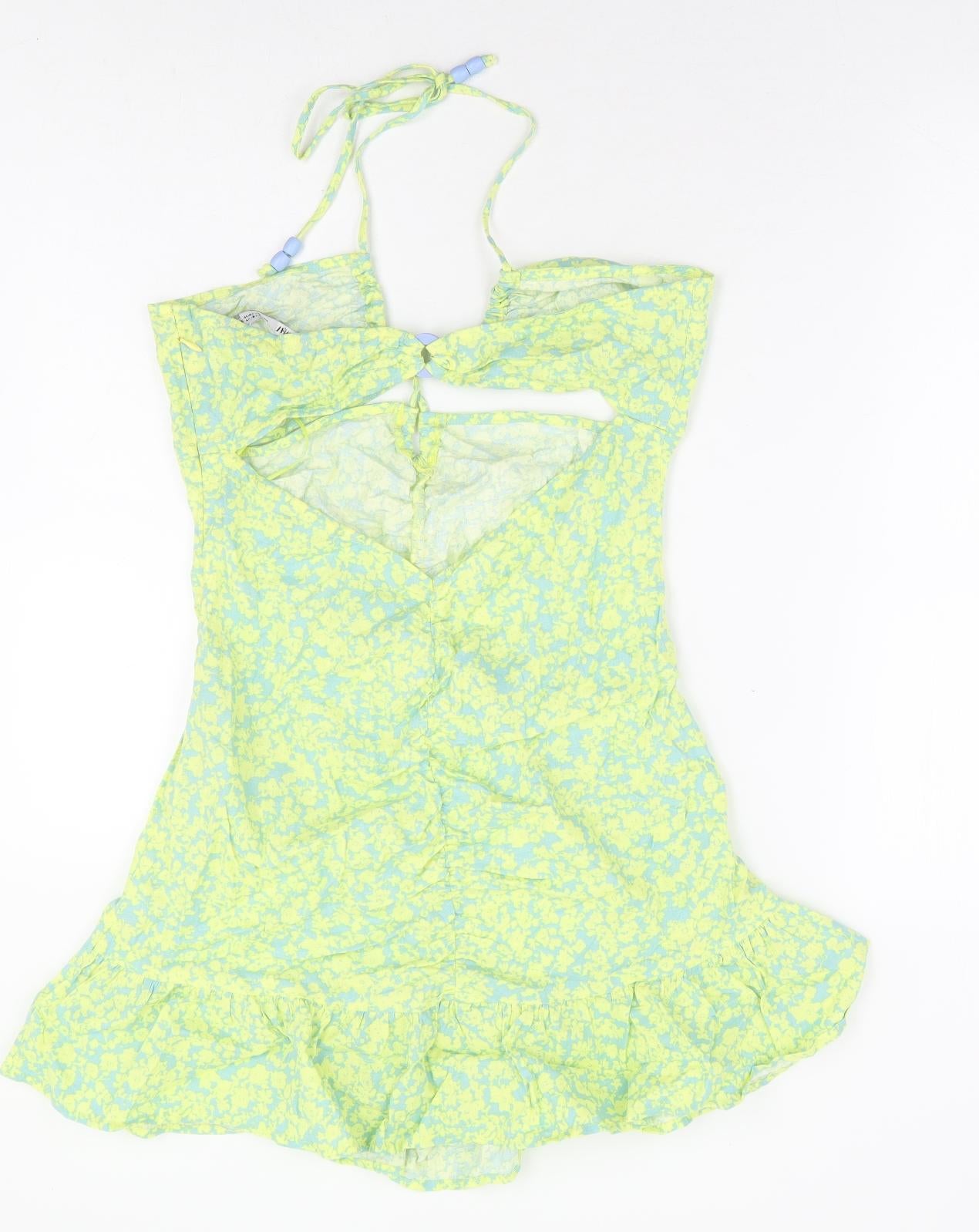 Zara Womens Green Floral Linen Mini Size L Halter Zip