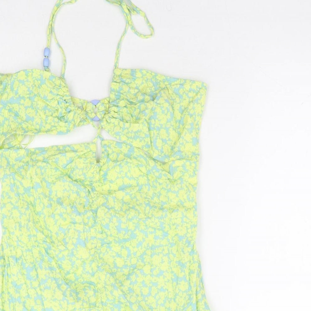 Zara Womens Green Floral Linen Mini Size L Halter Zip