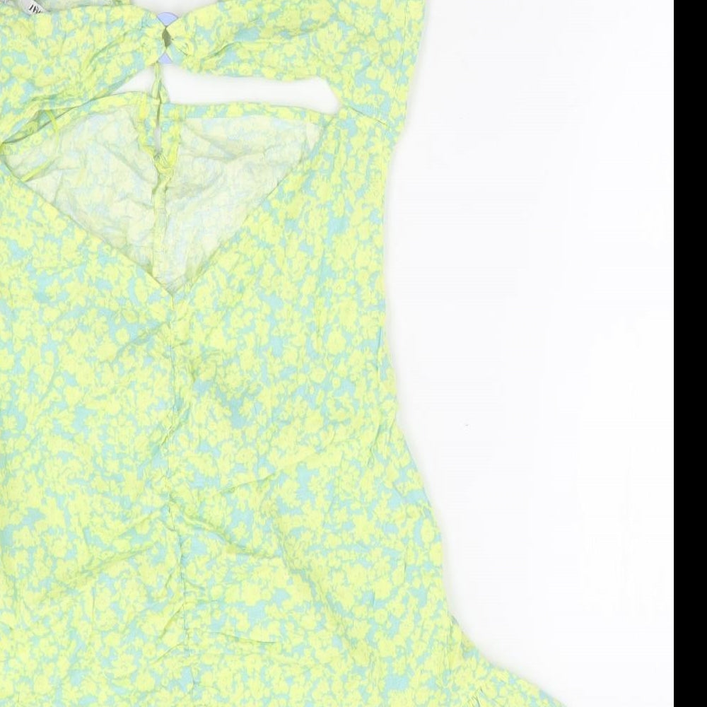 Zara Womens Green Floral Linen Mini Size L Halter Zip