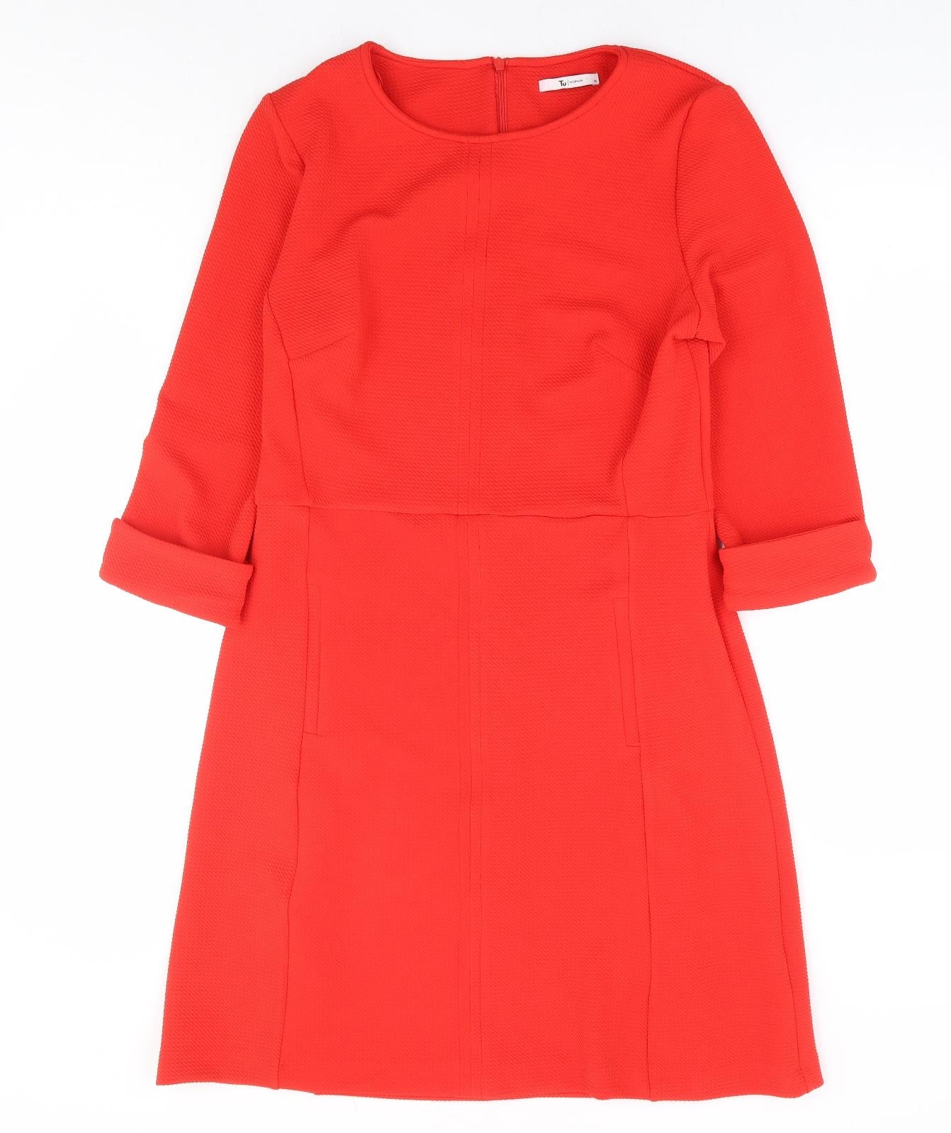 Tu Womens Red Polyester A-Line Size 14 Round Neck Zip