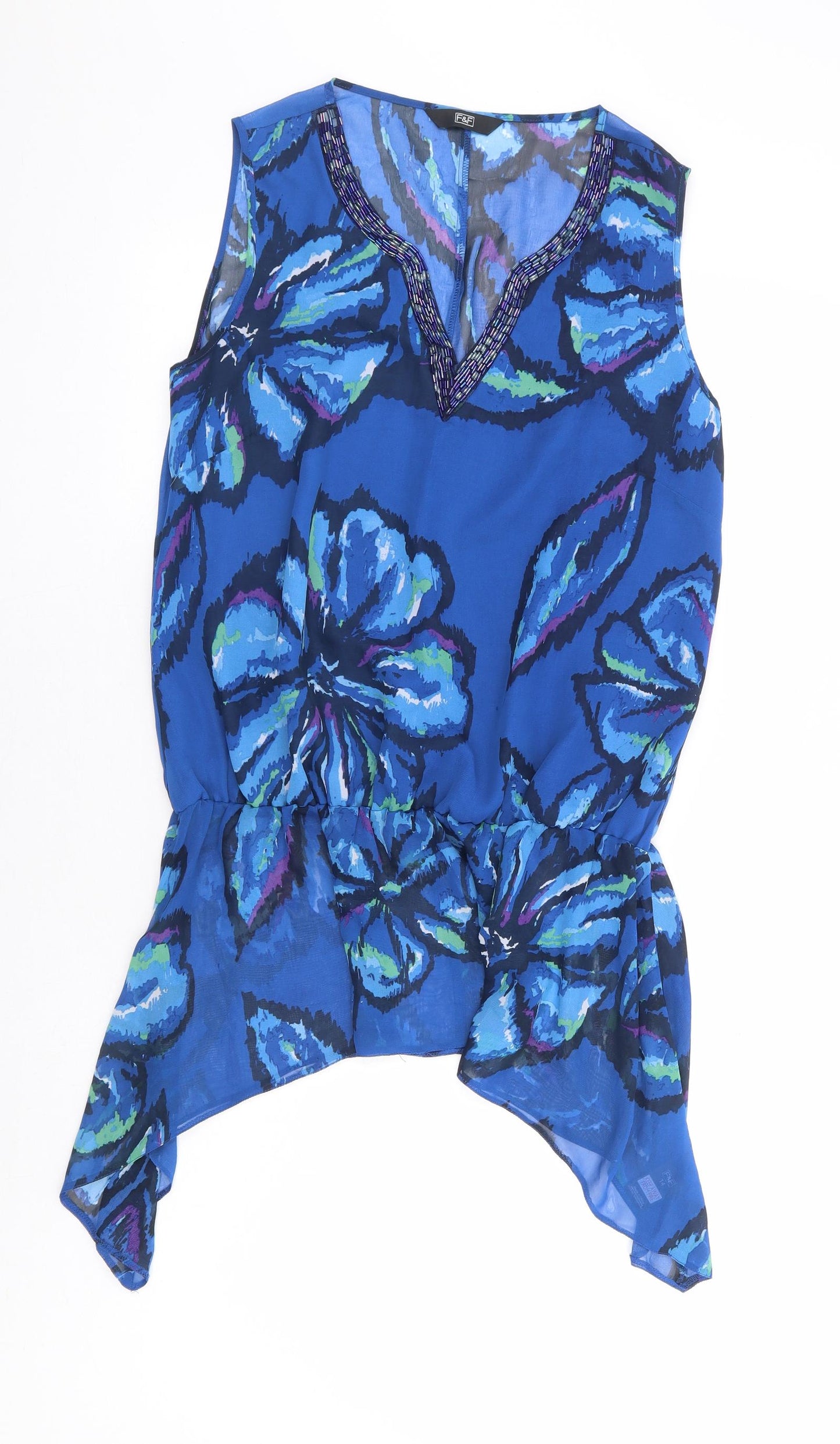 F&F Womens Blue Floral Polyester Basic Blouse Size 14 V-Neck - Hanky Hem