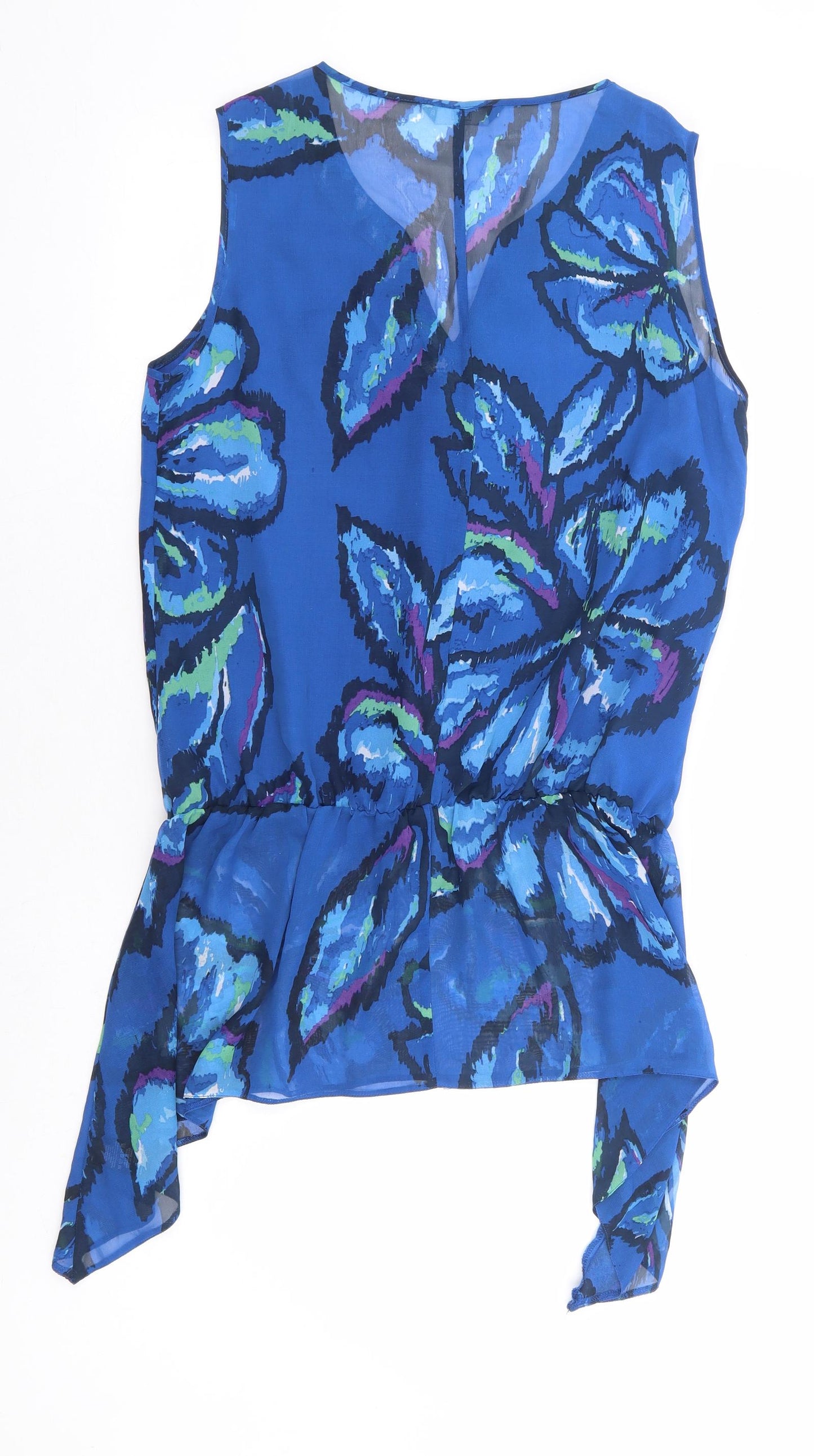 F&F Womens Blue Floral Polyester Basic Blouse Size 14 V-Neck - Hanky Hem
