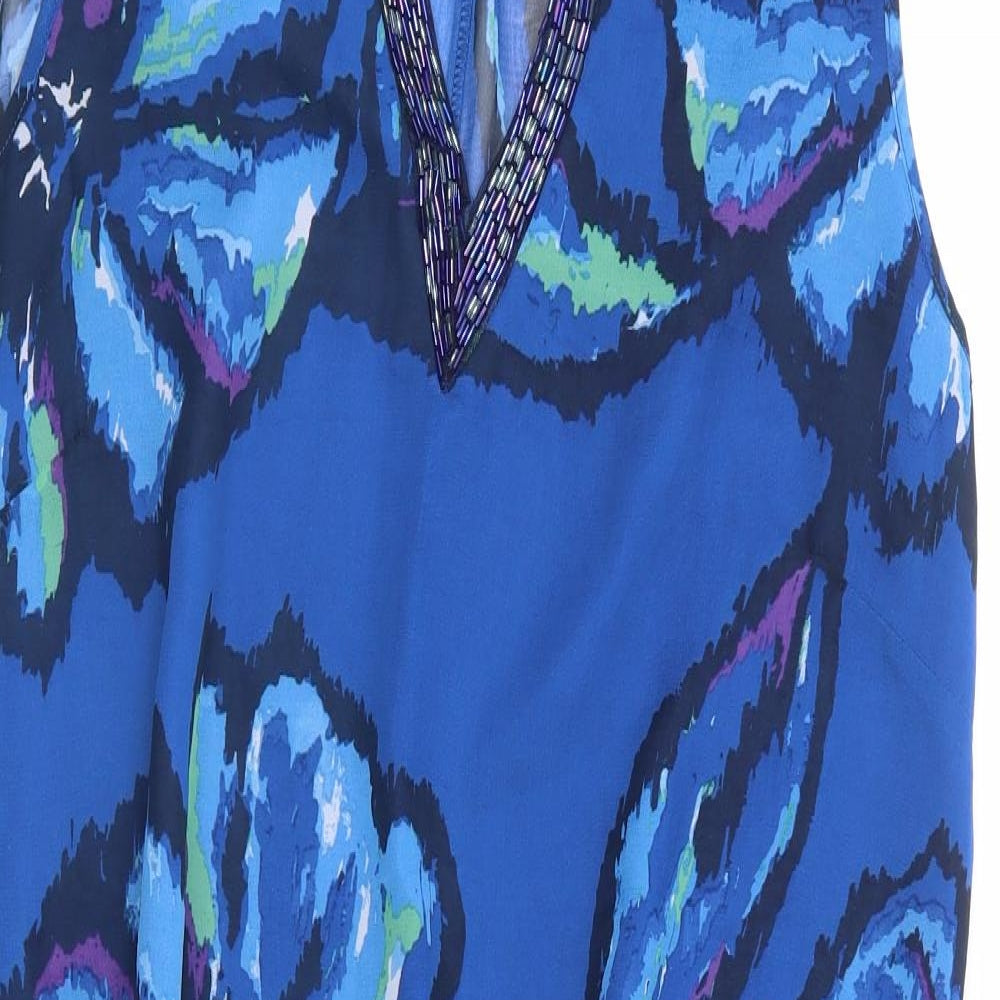 F&F Womens Blue Floral Polyester Basic Blouse Size 14 V-Neck - Hanky Hem