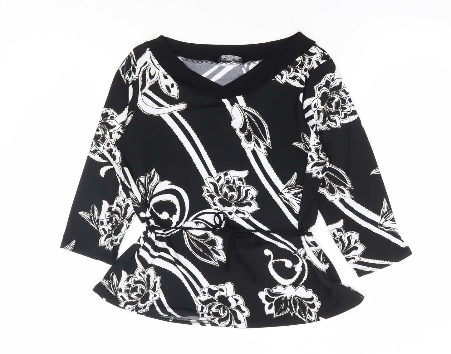 Saloos Collection Womens Black Floral Polyester Basic Blouse Size M V-Neck