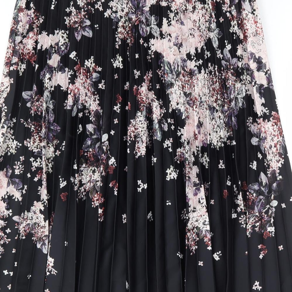 Modern Rarity Womens Black Floral Polyester Pleated Skirt Size 16 Zip