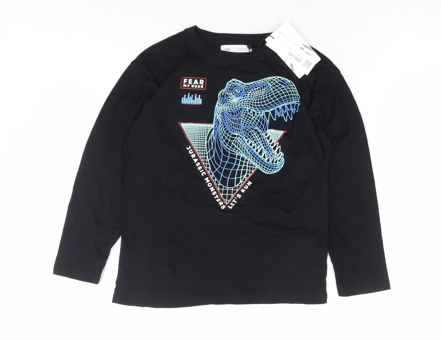 Zara Boys Black 100% Cotton Basic T-Shirt Size 9 Years Round Neck Pullover - Dinosaur