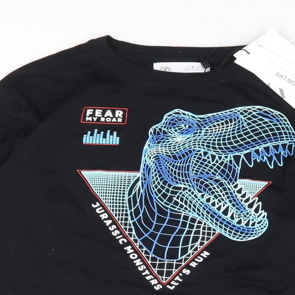 Zara Boys Black 100% Cotton Basic T-Shirt Size 9 Years Round Neck Pullover - Dinosaur