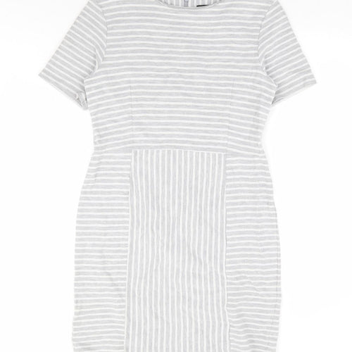 Warehouse Womens Grey Striped Polyester A-Line Size 14 Round Neck Zip - Ribbed