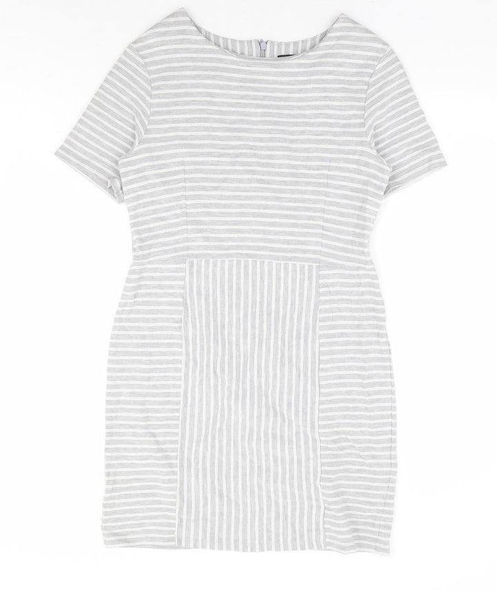 Warehouse Womens Grey Striped Polyester A-Line Size 14 Round Neck Zip - Ribbed