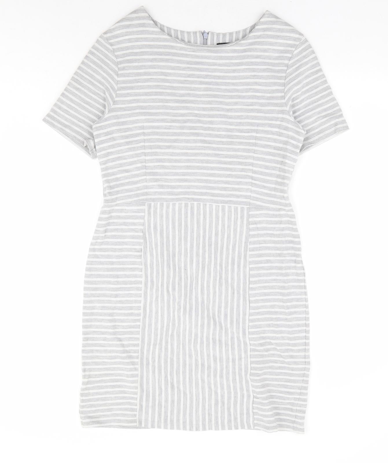 Warehouse Womens Grey Striped Polyester A-Line Size 14 Round Neck Zip - Ribbed