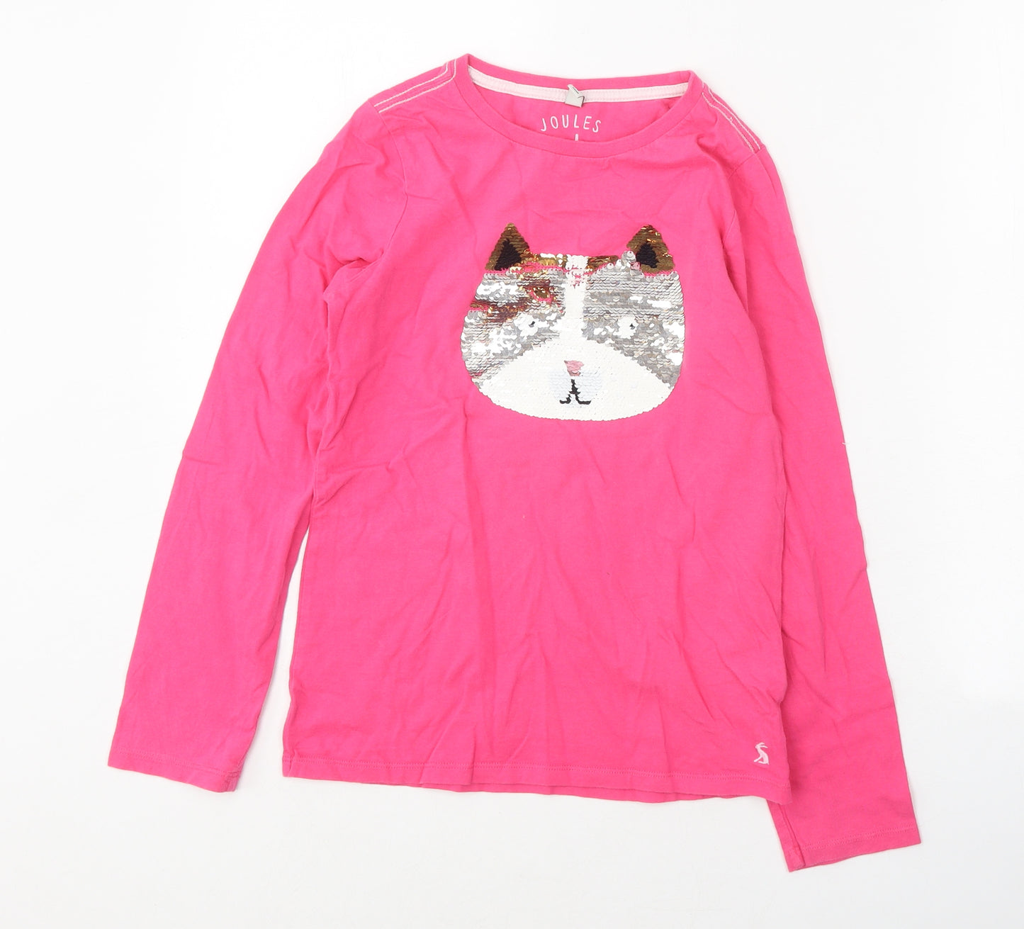 Joules Girls Pink 100% Cotton Basic T-Shirt Size 11 Years Round Neck Pullover - Cat