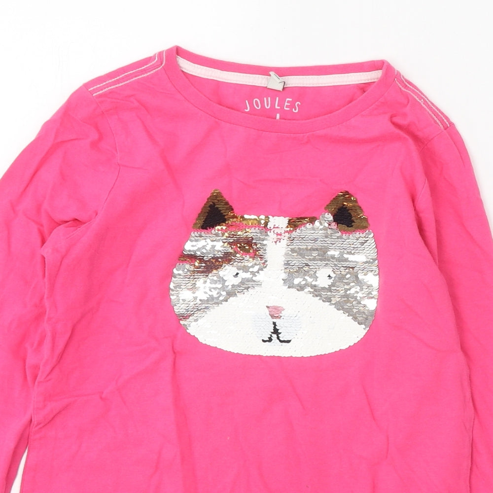 Joules Girls Pink 100% Cotton Basic T-Shirt Size 11 Years Round Neck Pullover - Cat
