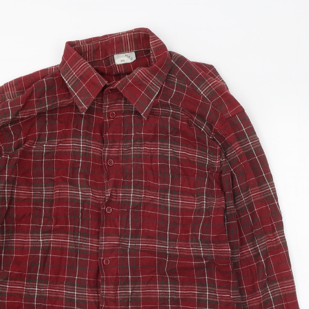 MAN MAN Mens Red Geometric Cotton Button-Up Size 2XL High Neck Button - Checkered