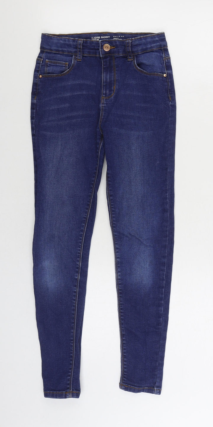 Denim & Co. Girls Blue Cotton Skinny Jeans Size 11-12 Years Regular Zip