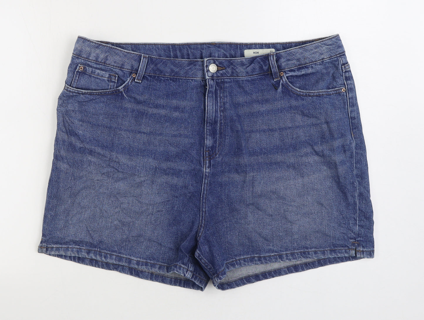 Marks and Spencer Womens Blue Cotton Mom Shorts Size 22 Regular Zip