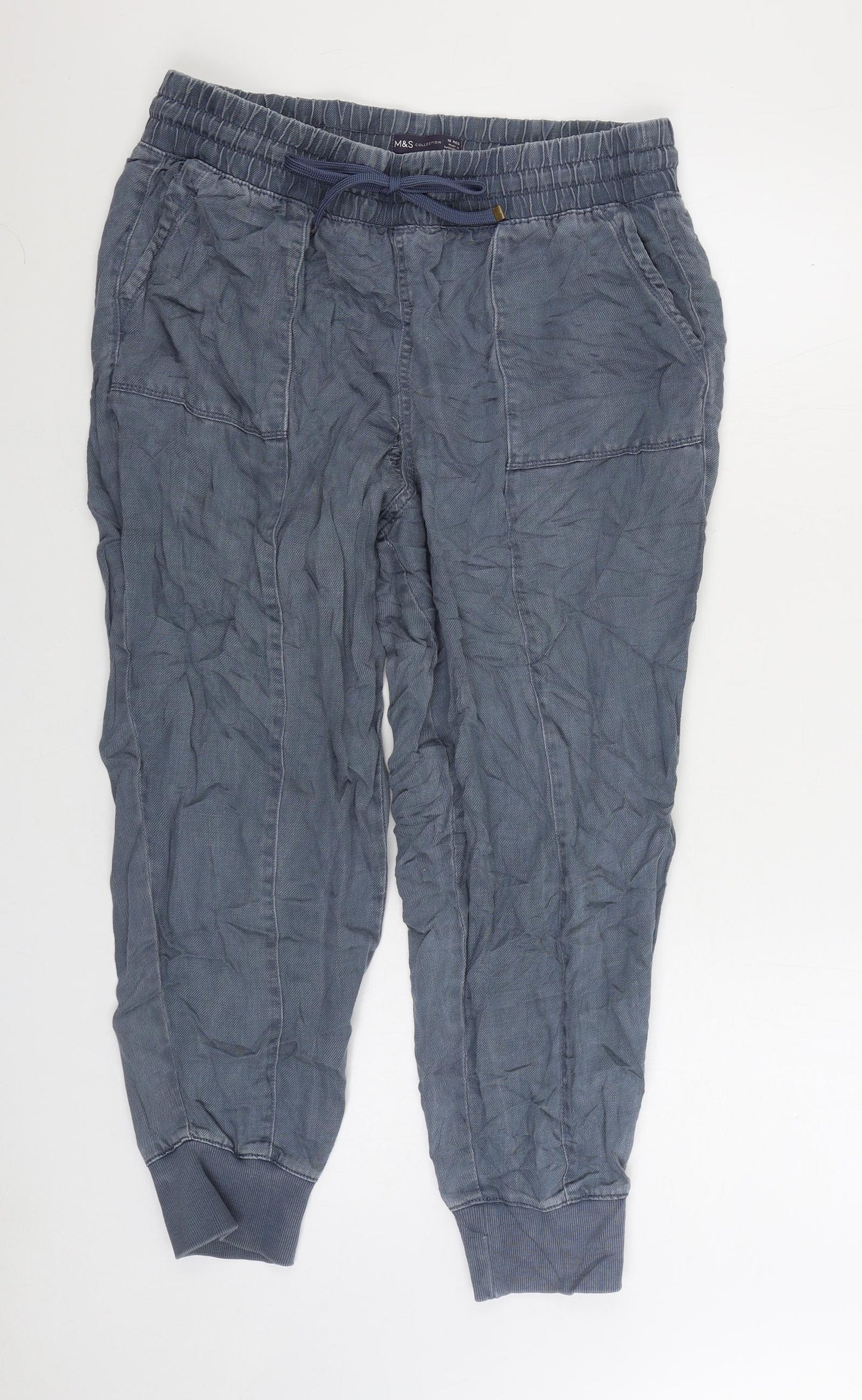 Marks and Spencer Womens Blue Lyocell Jogger Trousers Size 16 L28 in Regular Drawstring