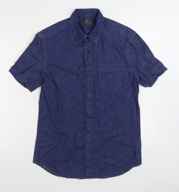 Marks and Spencer Mens Blue Cotton Button-Up Size S Collared Button