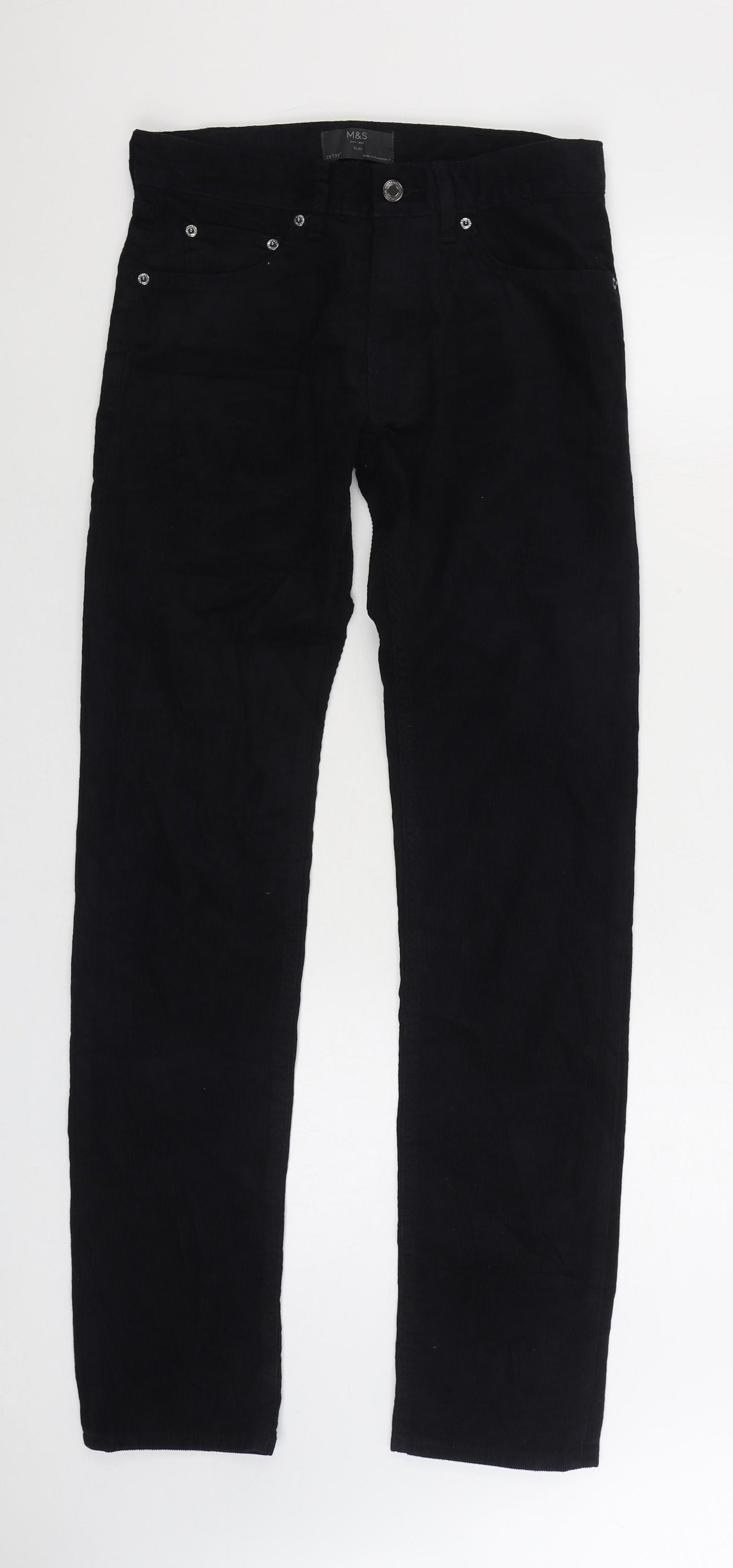 Marks and Spencer Womens Black Cotton Trousers Size 28 in L33 in Slim Zip