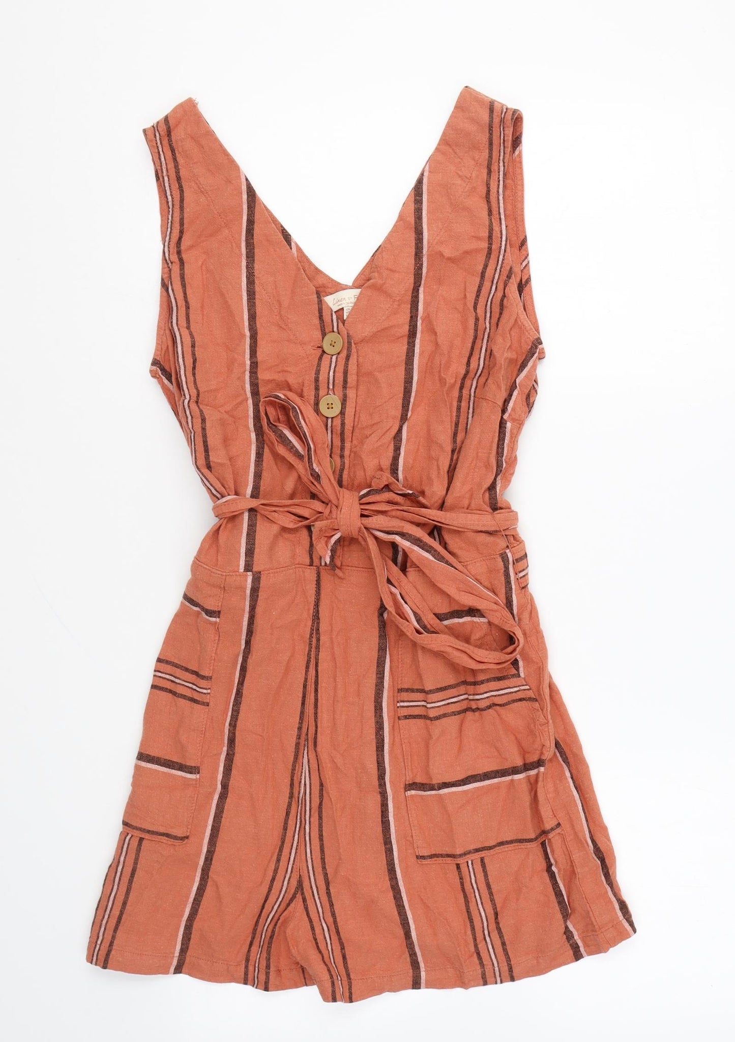 F&F Womens Orange Striped Cotton Playsuit One-Piece Size 12 Button