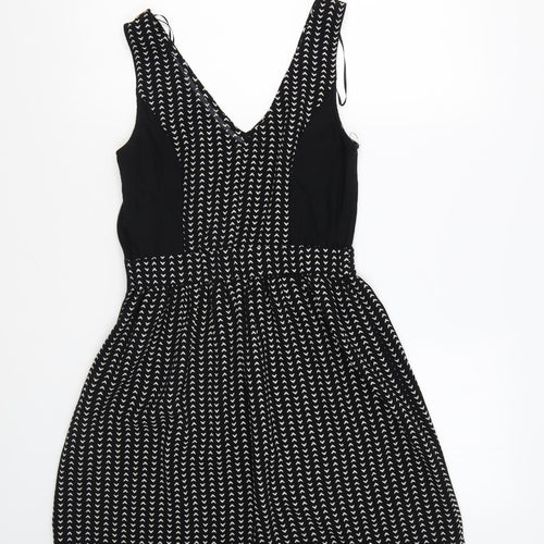 H&M Womens Black Geometric Polyester Fit & Flare Size 8 V-Neck Zip